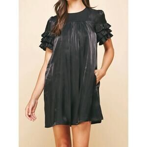 Pinch Mini Dress Small Black Satin Ruffled Sleeve Wedding Guest Whimsigoth